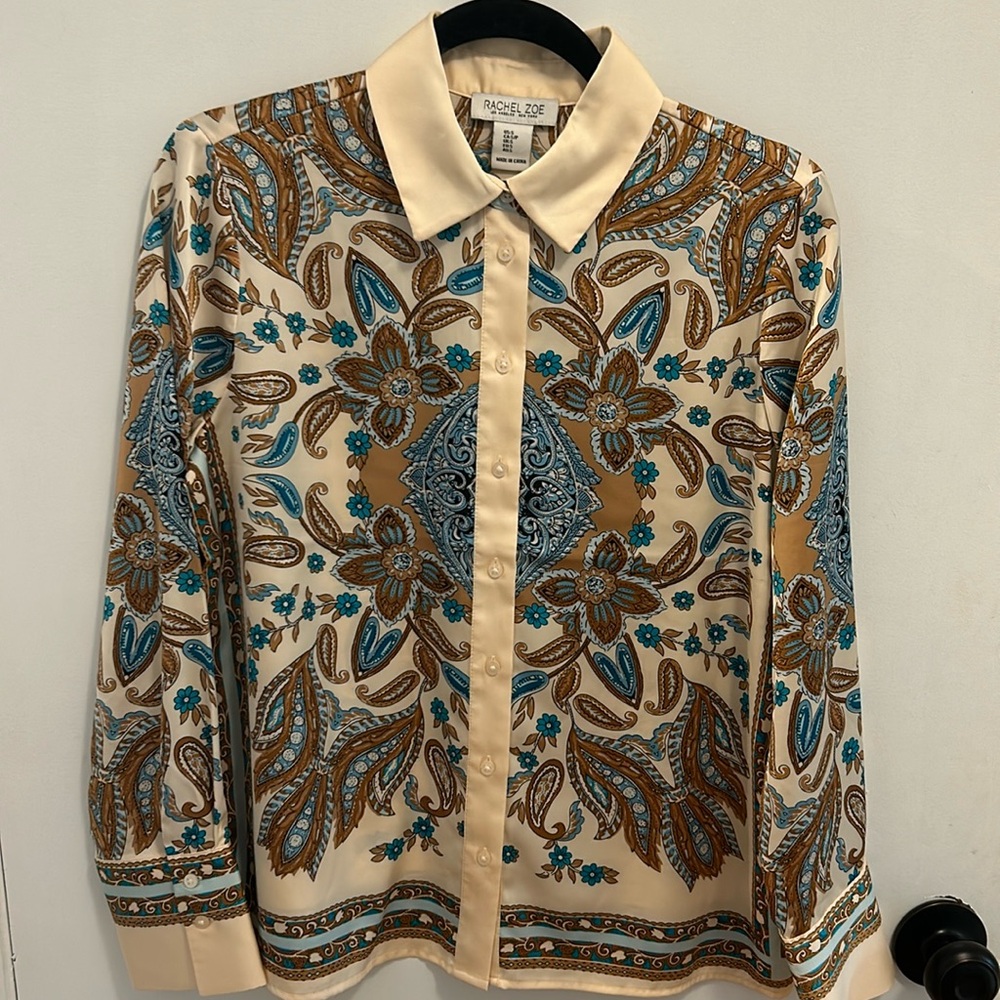 Rachel Zoe, satin button down blouse, shades of blue, brown and beige. Worn once
